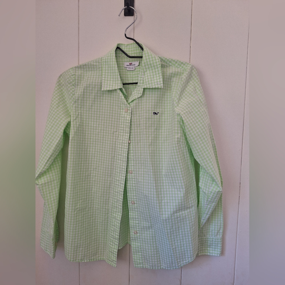 Vineyard Vines Women's Light Lime Green Checkered Shirt